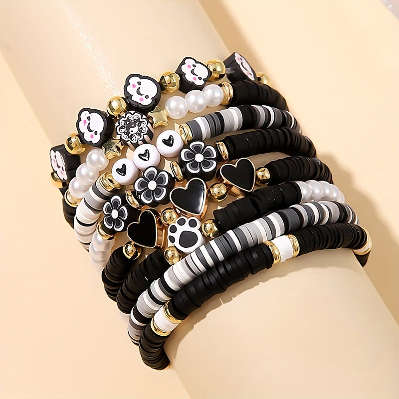 [Sweet Cute Bracelet Set] 8pcs Sweet Cute Pink Soft Clay Bracelet Set | Dragon Fruit Flower Heart Element for Women - Perfect for Valentine's Day and Music Festivals