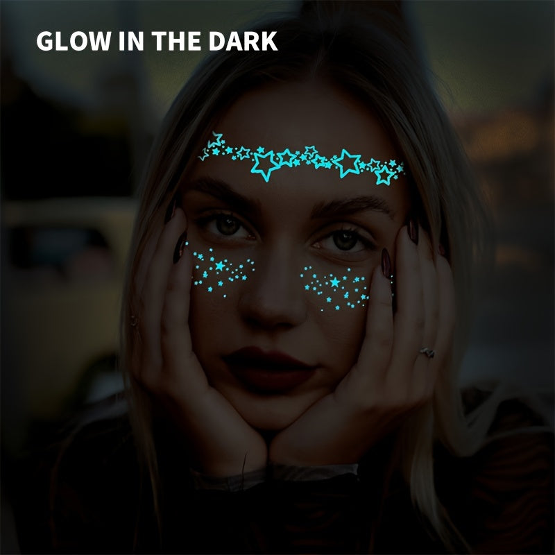 4 Sheets Glow-in-the-Dark Tattoo Stickers - Moon, Stars, Butterfly & Flower Designs for Women & Girls, Luminous Face & Body Art for Weddings, Nightclubs, Music Festivals & Parties, Gift for Eld, Gift for Ramadan