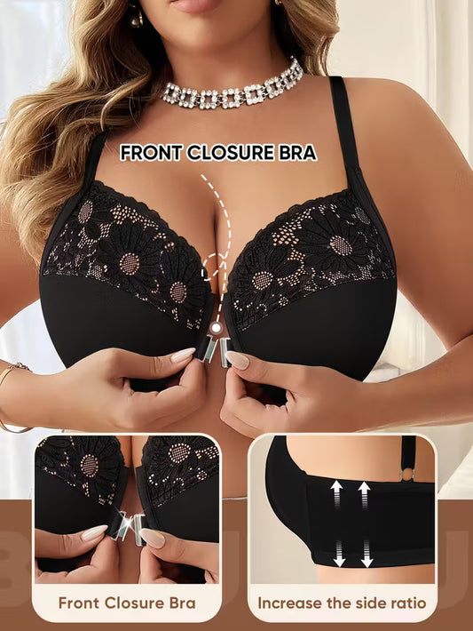 Women'S Bras, Full Coverage, Plus Size Bras, Larger And Wider, Soft And Breathable Thin Cups, Front Closure, Lace And Sexy