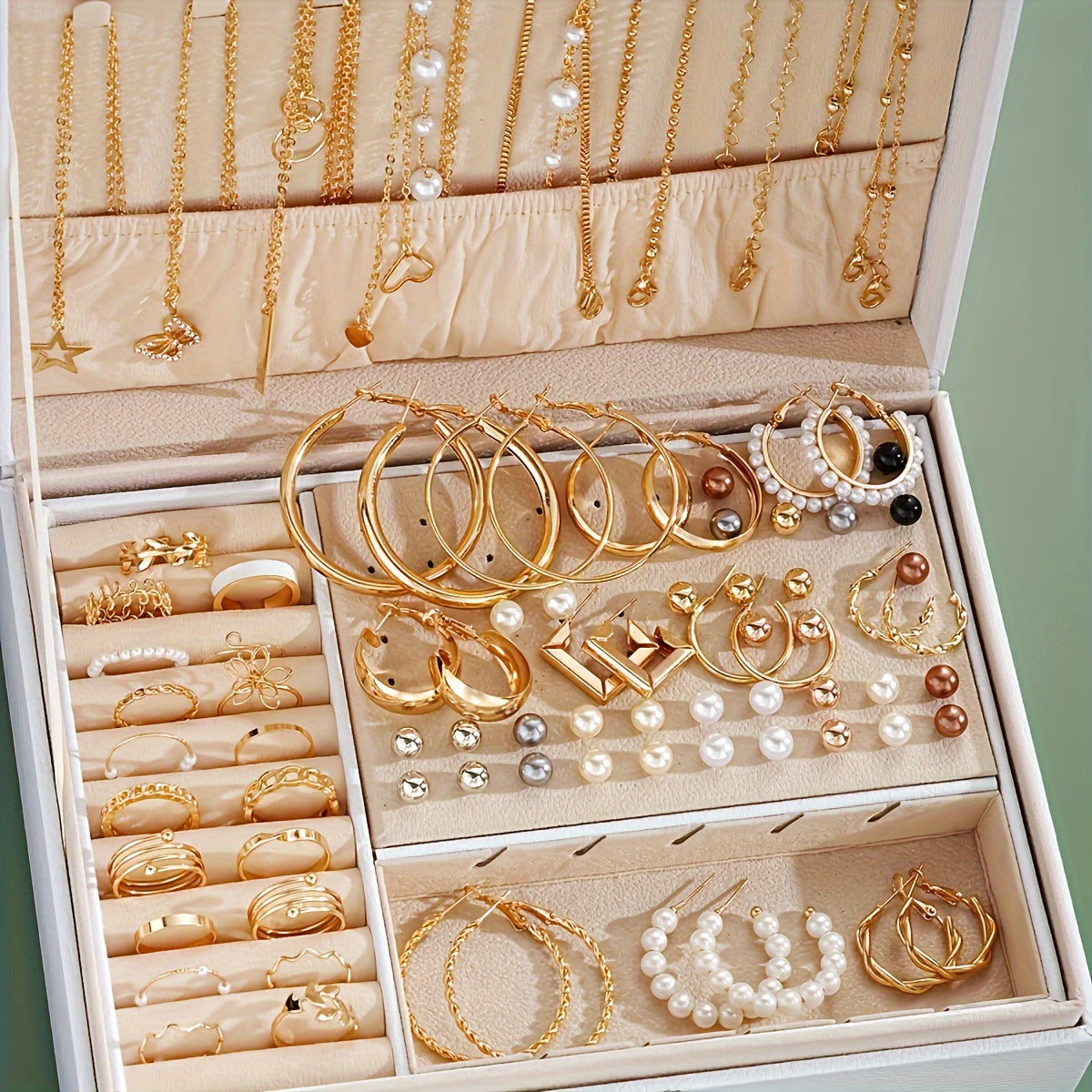 86pcs Women'S Jewelry Set | Retro Elegance with Imitation Pearl Flower, Geometric Line Rings, Large C-shaped Earrings, Butterfly, Five-pointed Star, Heart Circular Pendant Necklace - Perfect for Daily Outfits and Festival Gif