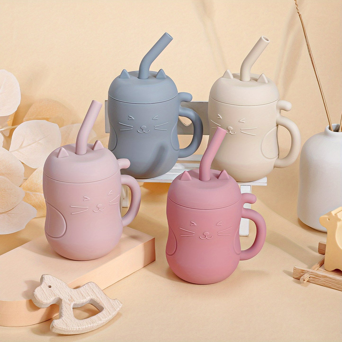 TYRY.HU Baby Learning Cup with Straw & Lid - Leak-Proof Soft Silicone Training Cup Suitable for, Feeding, Lid & Straw, Cute Cat, Easy to Clean, (4 Colors: ///)