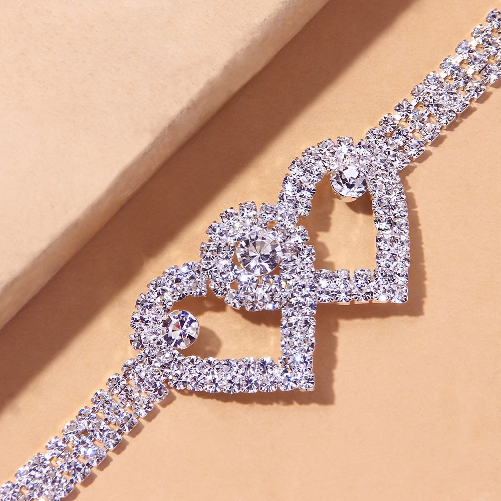 2 Pcs Double Love Heart Rhinestone Chain Anklet Set Shiny Beach Foot Jewelry Wedding Accessories