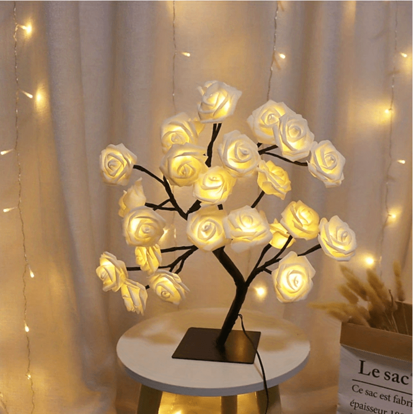 1pc LED Rose Flower Table Lamp, Valentine Tree Fairy Lights 24LED Rose Flower Tree Lights Valentine's Day USB Table Lamp Fairy Maple Leaf Night Light Home Party Christmas Wedding Bedroom Decoration Gift
