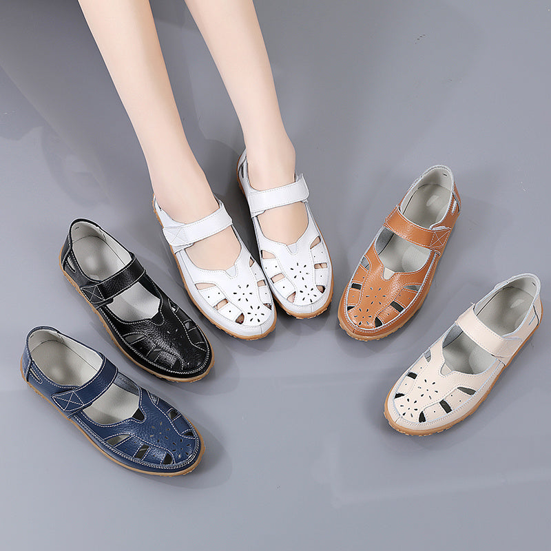 Soft Sole Women's Cut-out Flat Sandals, Non Slip Closed Toe Casual Walking Shoes with Hook & Loop