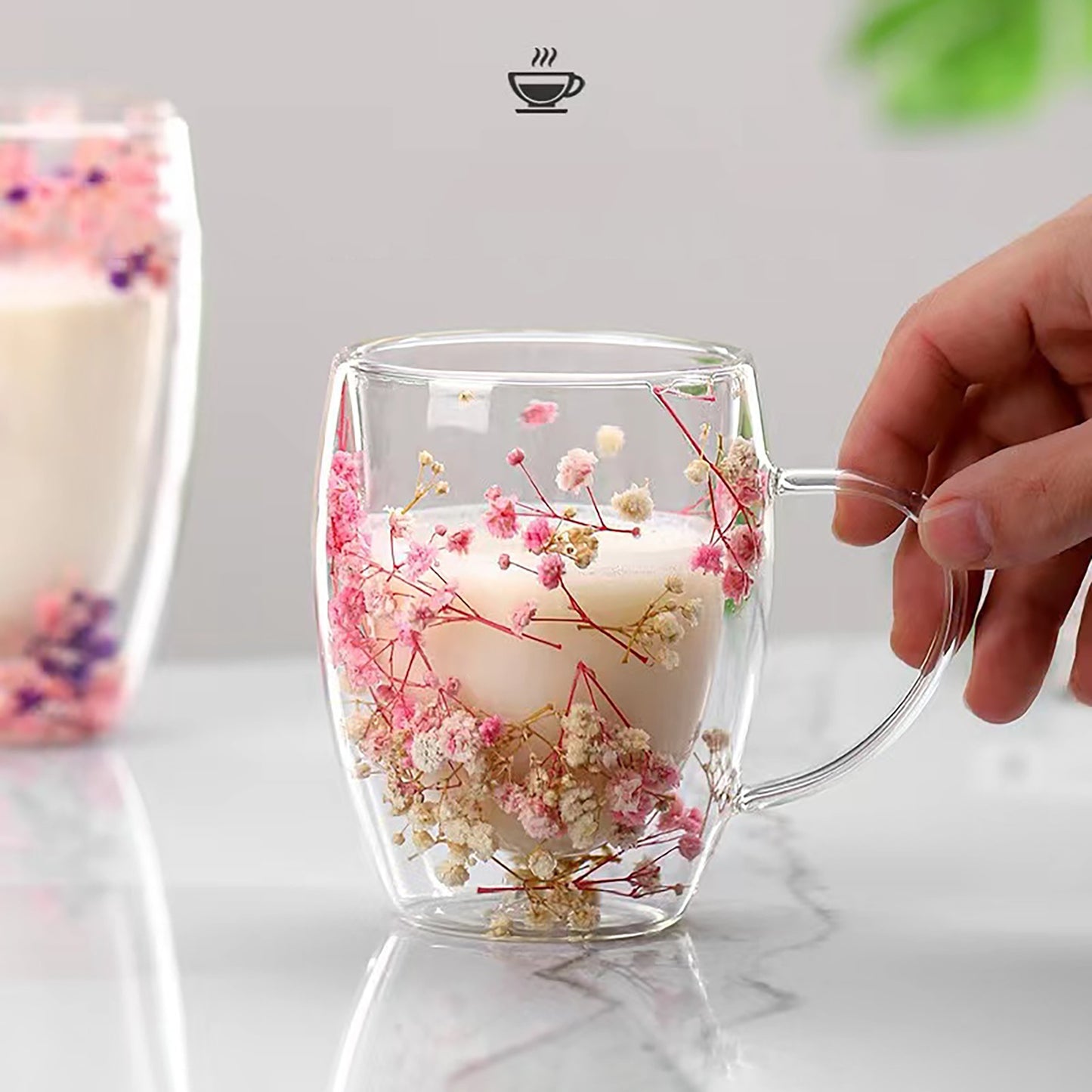 1pc Elegant Double-Walled Glass Coffee Mug with Dried Flower Detail - Thermal Insulated Drinkware for All Seasons - Ideal Birthday Present