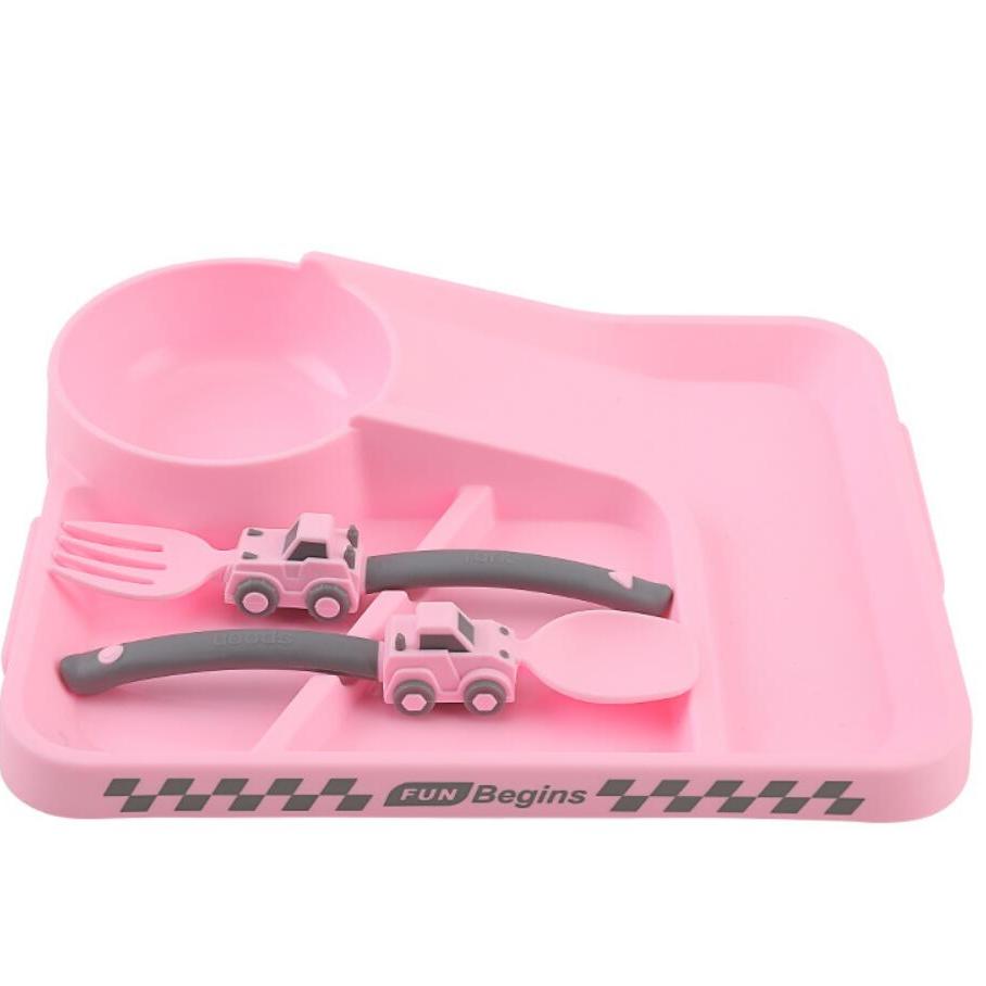Children's Tableware Cartoon Racing Dinner Plate + Fork Spoon Independent Eating Divided Complementary Food Bowl Baby Suction Cup Non-slip Dinner Plate