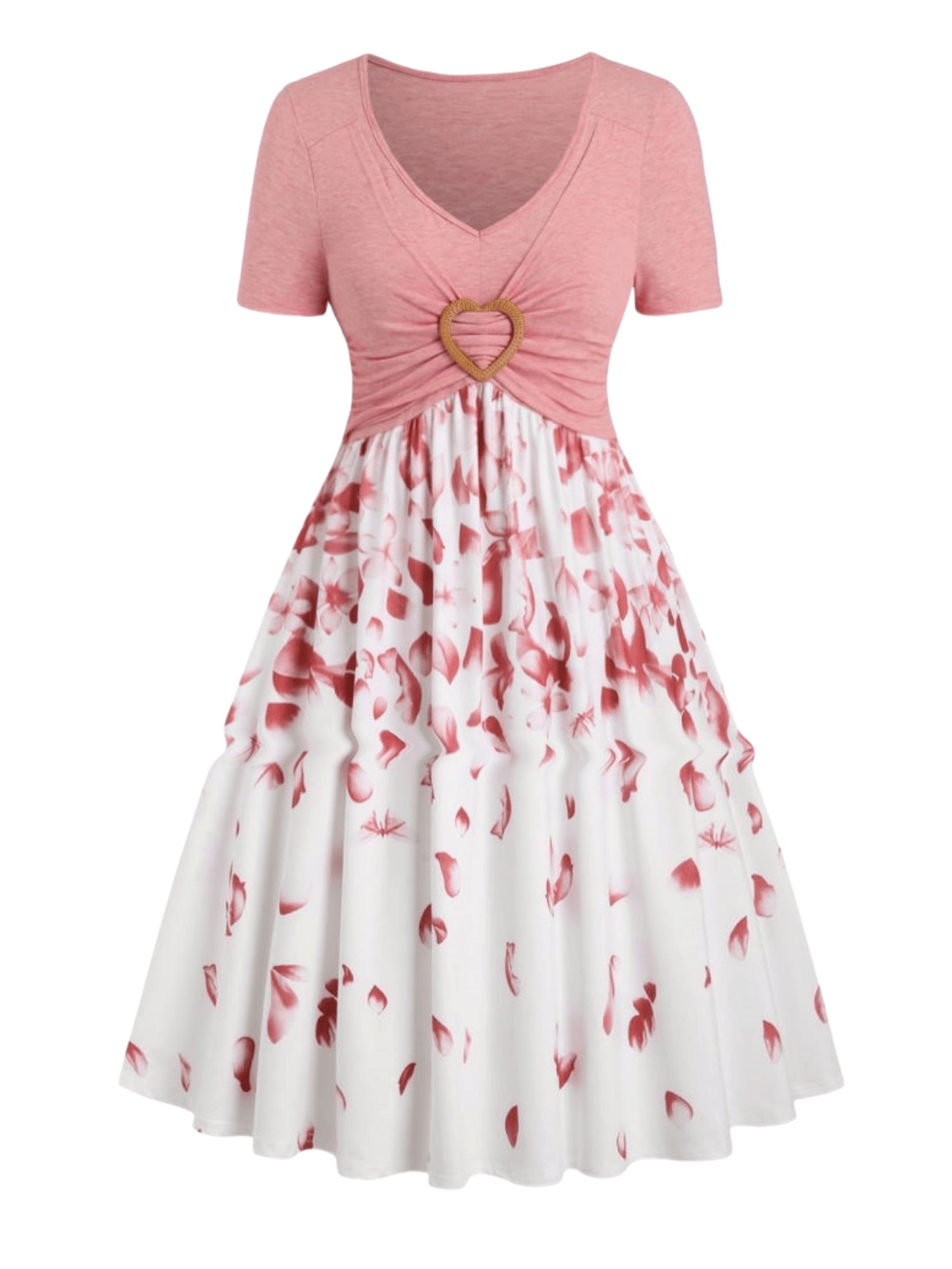 Women's Flower Print Heart Ring A-line Dress V-neck Short Sleeve Dress, Flower Print