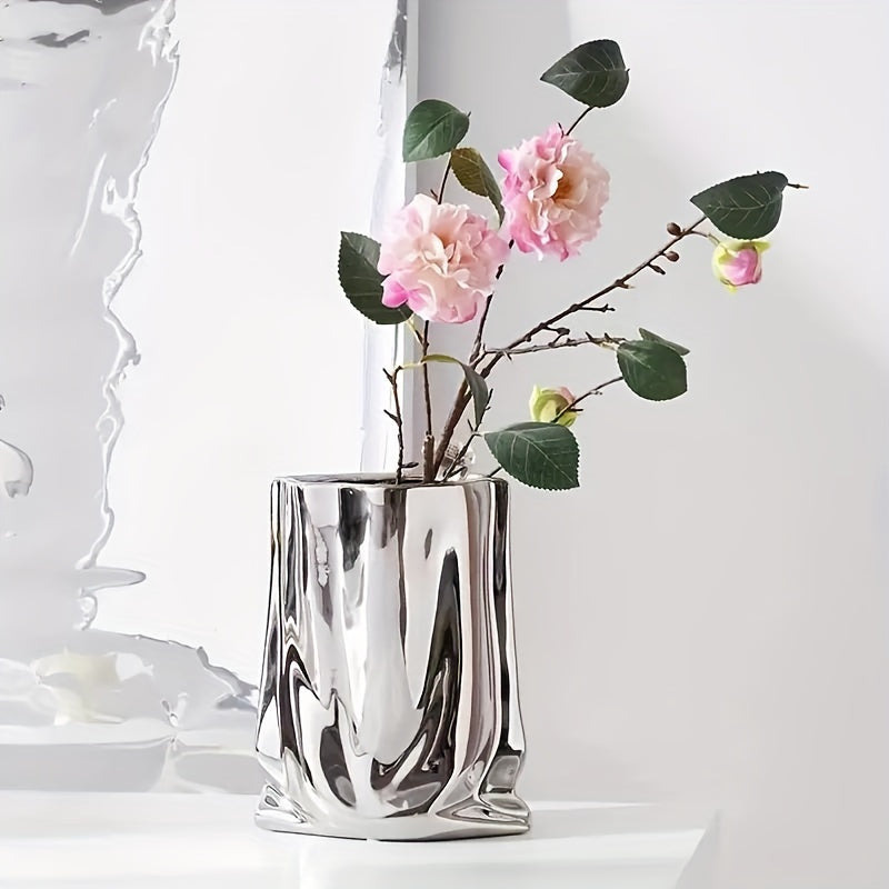 1pc Vase, High-End Light Luxury Decoration, Creative Electroplated and Silvery Ceramic Vase, Artificial Flower Decor