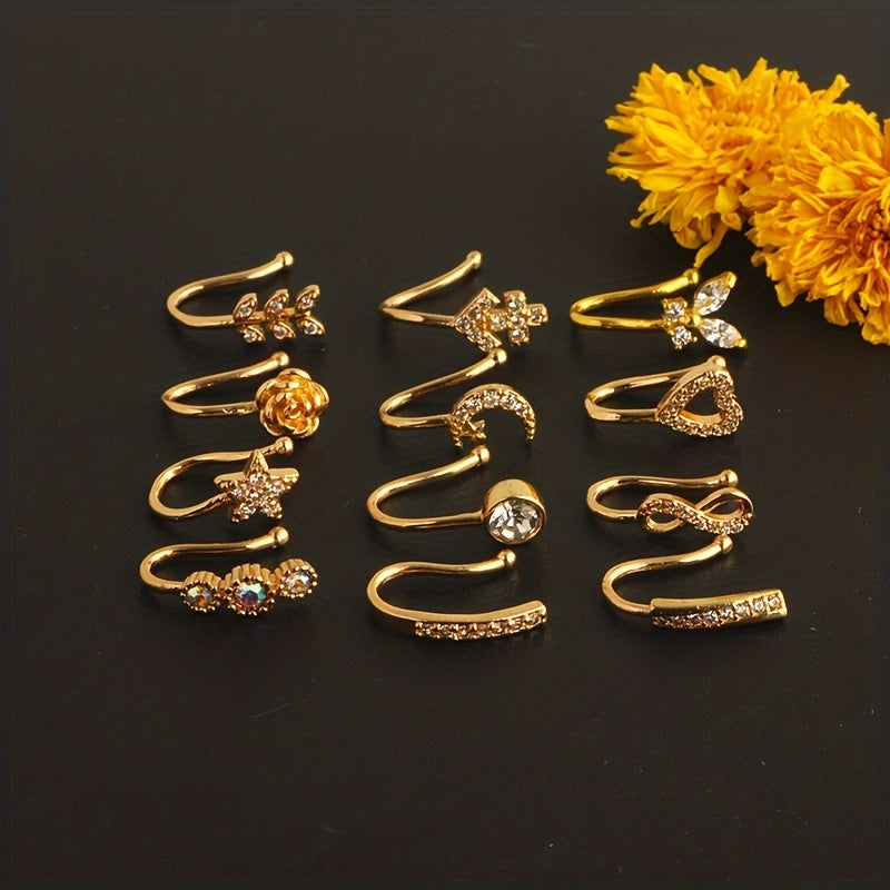 12pcs Elegant Vintage Copper Faux Nose Cuff Set, Non-Piercing Synthetic Zirconia Inlay, Star, Flower, Leaf, Heart Shapes, Clip-On Nose Rings for Women, Daily & Vacation Wear, Valentine'S Day Gift, All Seasons Compatible