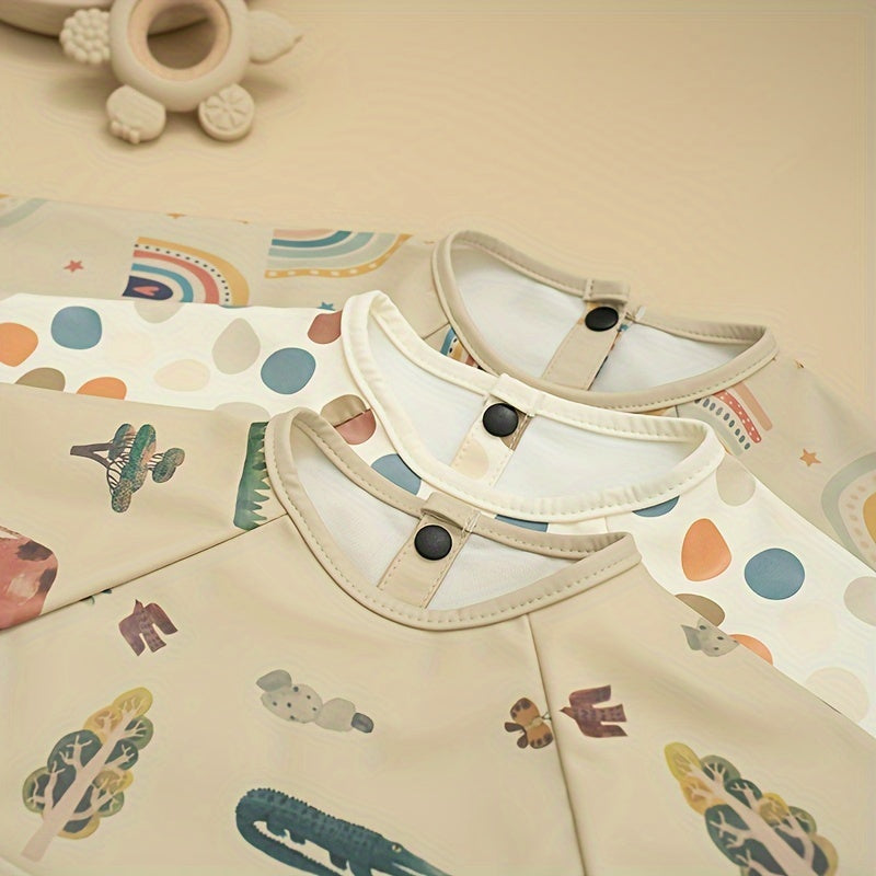 Unisex Baby Long Sleeve Bib with Crumb Catcher, Polyester Fiber, Snap Closure, Kids Eating Apron with Pocket, White/Beige/Mixed Colors