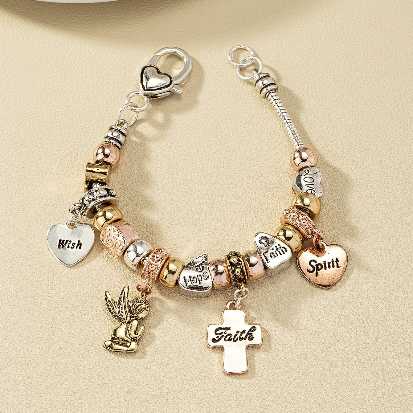 Snake Chain Beaded Bracelet Cross & Love Heart Etc Shape Pendant Sweet Alloy Bracelet For Women