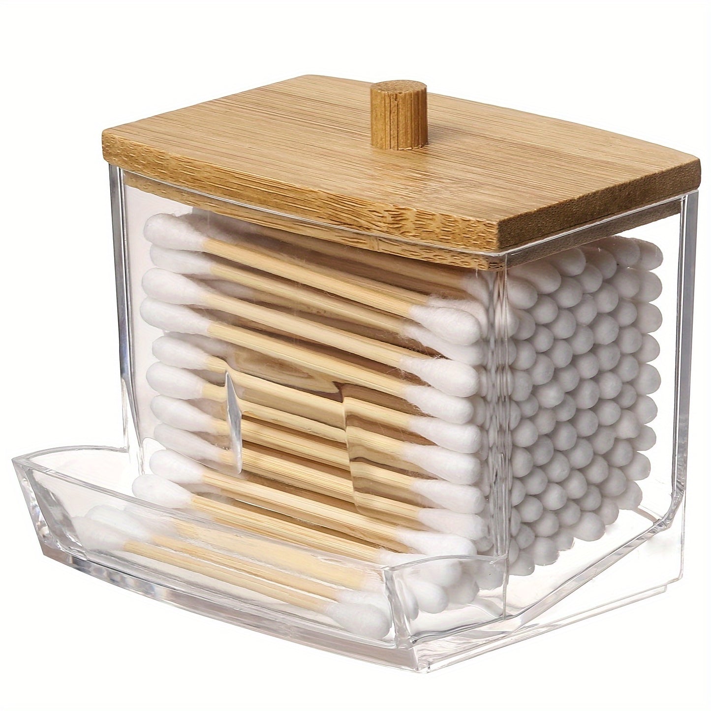 [1pc Acrylic Swab Holder] Clear Acrylic Swab Holder with Wooden Lid - 7oz Sleek, Polished Bathroom Container for Swabs & Pads | Lightweight & Easy to Install | 1pc Bathroom Accessories
