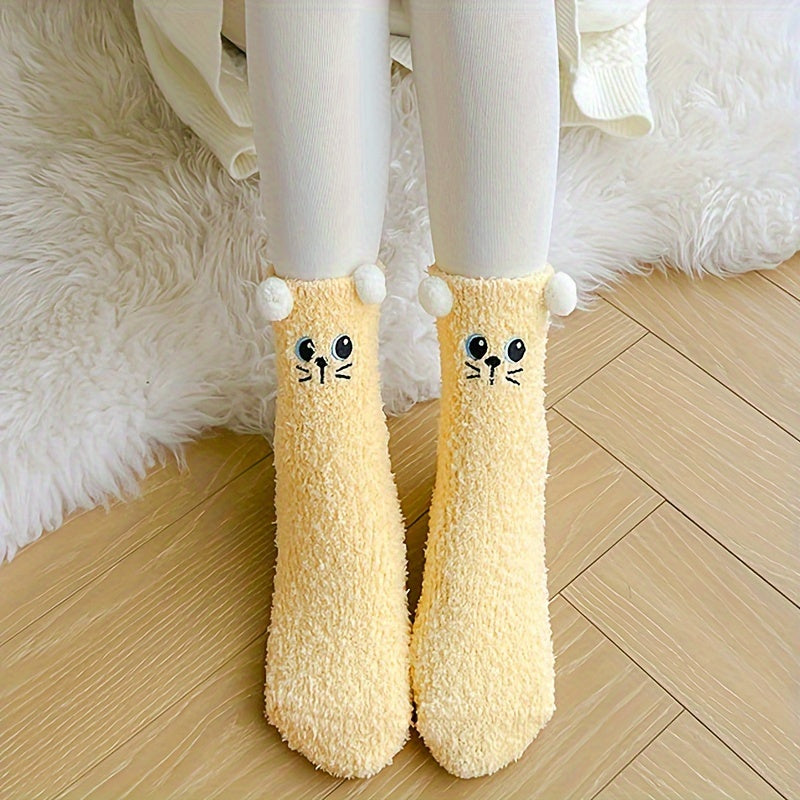 1 Pair Women'S Cute Non-Shedding Coral Fleece Warm Socks | Autumn-Winter Collection, Solid Color, Fabric