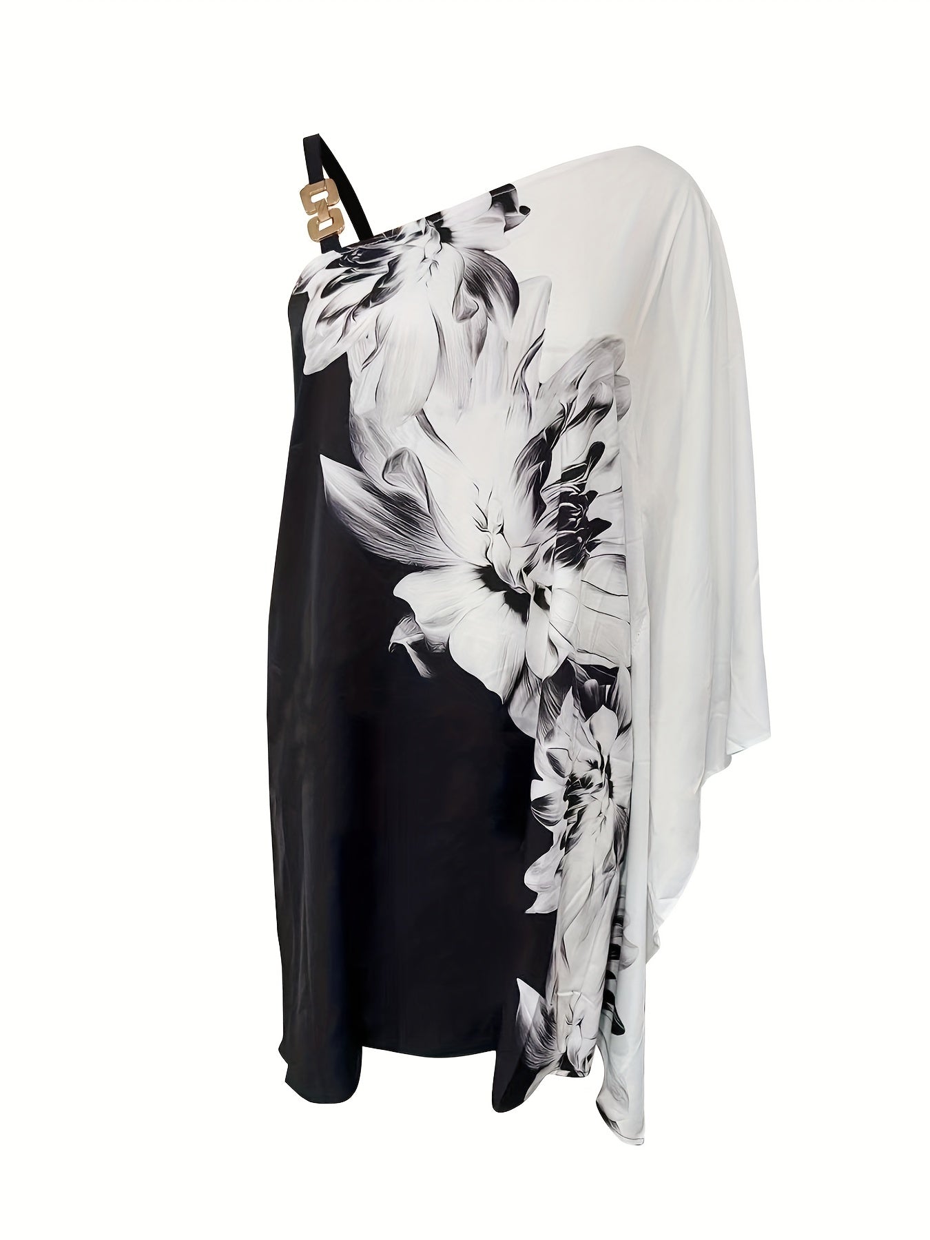 Floral Print Slant Neck Off Shoulder Dress, Elegant Asymmetrical Batwing Sleeve Mini Drape Club Party Dresses, Women's Clothing