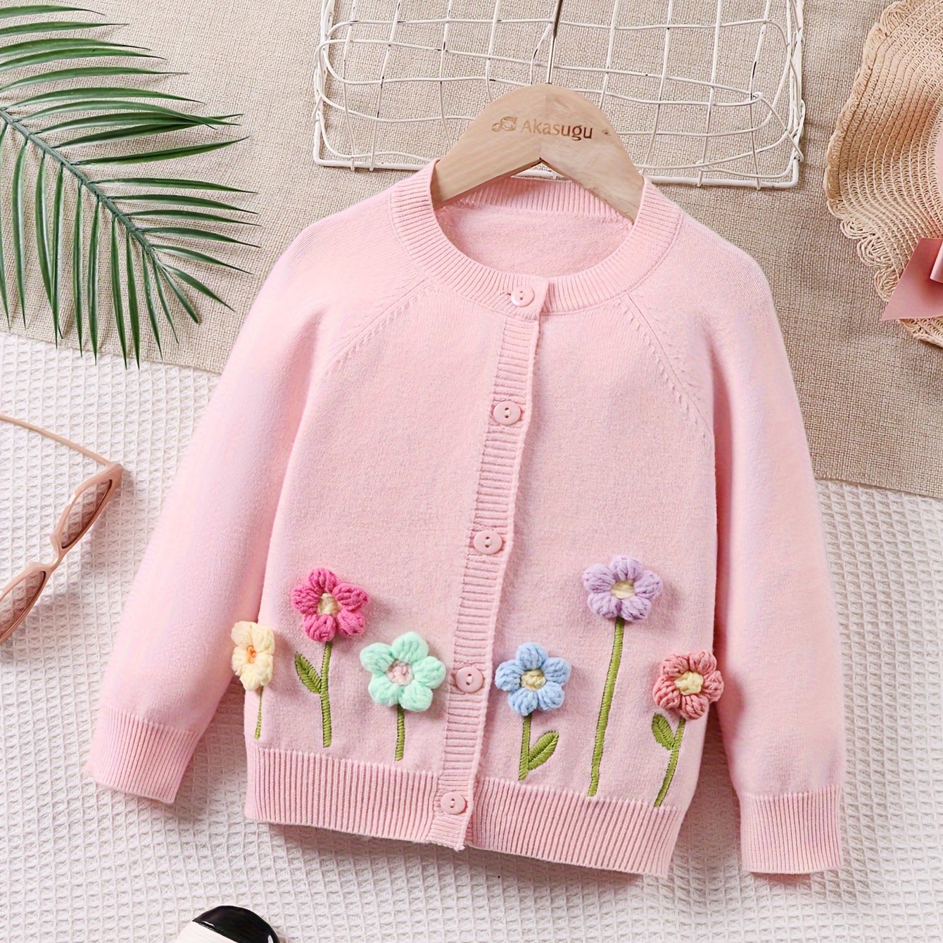 Girls' Beige Cardigan Sweater with Collar & Flower Patches - Sweet Smock Dress Style Jacket, Soft Button-Front Closure for, Parties, - Cozy Fall Winter Outerwear (Pink/Yellow/Blue/Purple) - No-Sew Applique Design