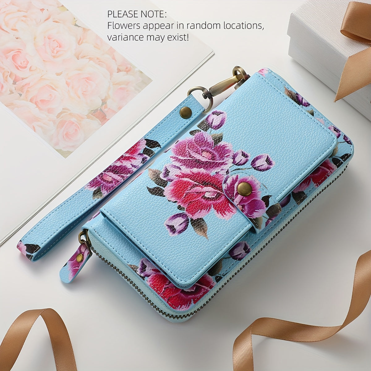 Flower Pattern PU Leather Zipper Handbag Fashion Large Capacity Long Wallet Clutch Bag Phone Bag Multi-card Card Holder Coin Purse Wallet