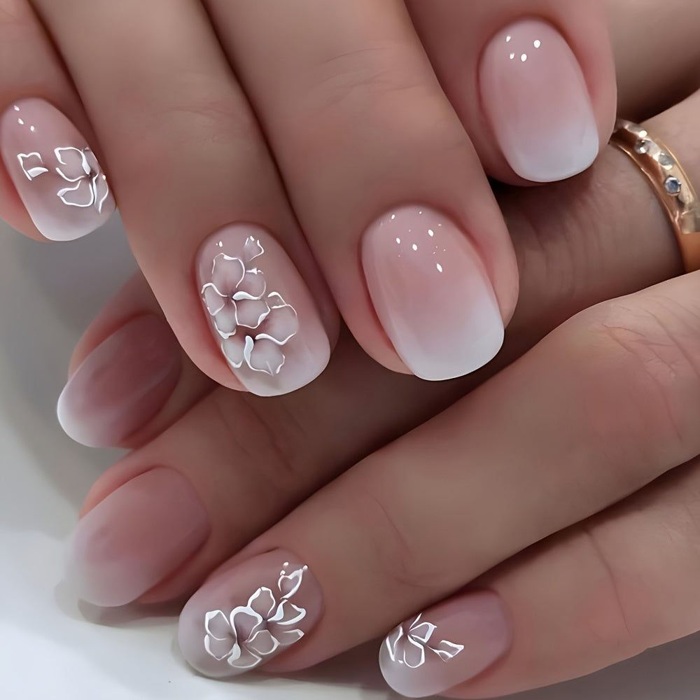 24 Pcs Short Oval Shaped Glossy Press-On Nails Set - Reusable Acrylic Fake Nails with Gradient Flower Pattern, White and Pink French Style, Easy to Apply and Remove, Long-Lasting Wear, Perfect for Salon or DIY Use