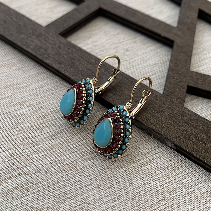 Classic Teardrop Resin Earrings for Women, Vintage Artificial Turquoise Rhinestone Hook Earrings, Gift for Loved Ones and Friends, Birthday Party Gift