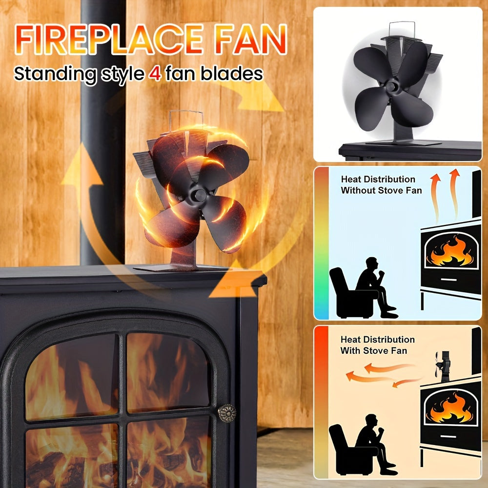 1pc heat powered stove fan, Energy-Efficient 4-Blade Fireplace Fan for Home Comfort and Energy Savings