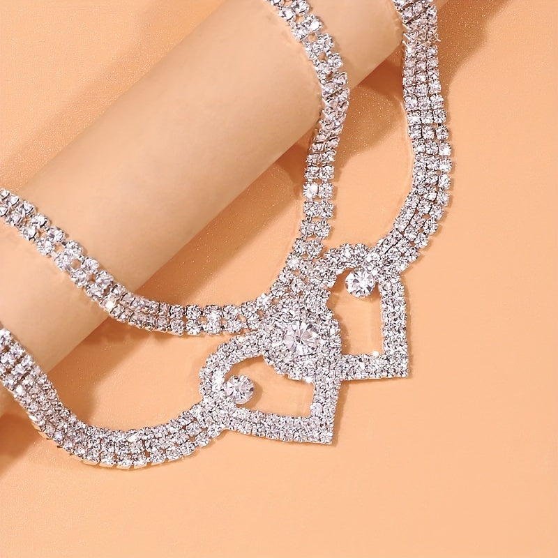 2 Pcs Double Love Heart Rhinestone Chain Anklet Set Shiny Beach Foot Jewelry Wedding Accessories