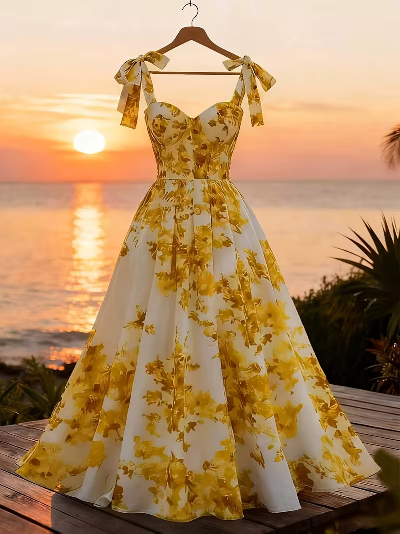 Floral Print Shoulder Tie Waistline Women's Elegant Vacation Dress