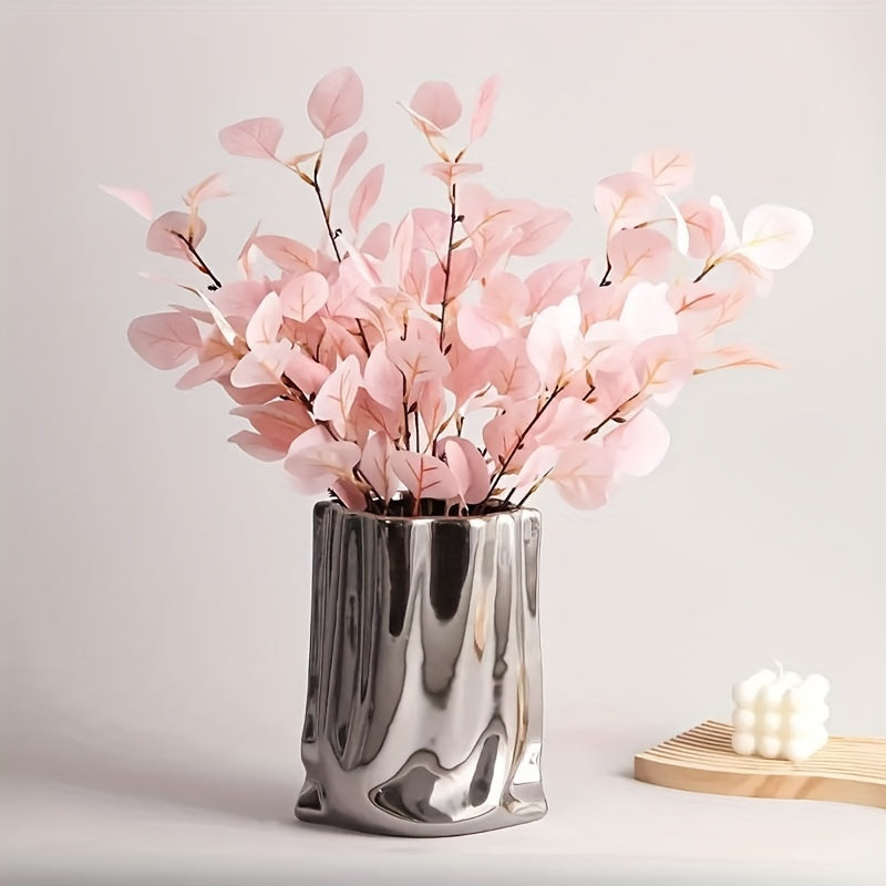1pc Vase, High-End Light Luxury Decoration, Creative Electroplated and Silvery Ceramic Vase, Artificial Flower Decor