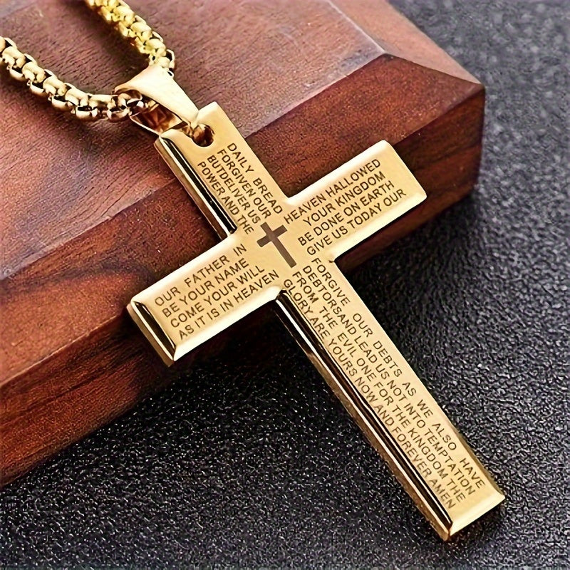 1pc European and American trendy new religious engraved cross necklace, and versatile for men and women, cross pendant necklace