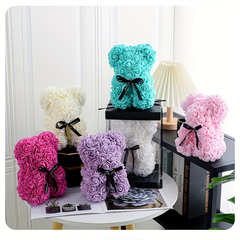 20cm Deluxe Artificial Rose Bear Flower Arrangement - Exquisite Foam Roses in Decorative Container for Romantic Home Decor, Festive Celebrations, and Thoughtful Gift-Giving - Perfect for Valentine's Day, Mother's Day, Anniver