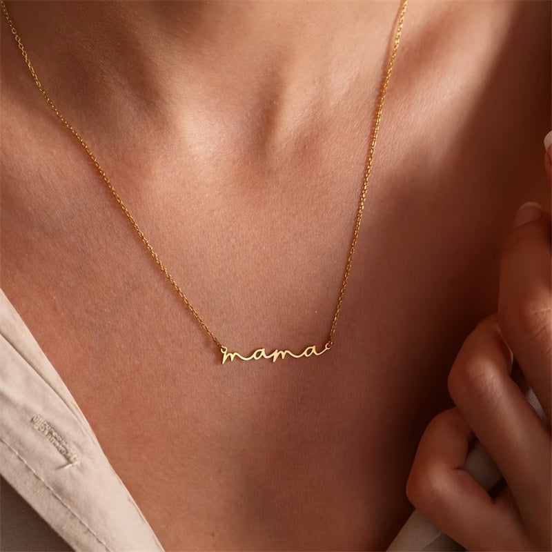 Mini "Mama" Necklace for Women - Golden-Tone Cursive Script Collarbone Chain, Minimalist Everyday Jewelry, Mother's Day Birthday Gift for Mom, Year-Round Wear, Mothers Day Necklace, Elegant Accessory, Delicate Design
