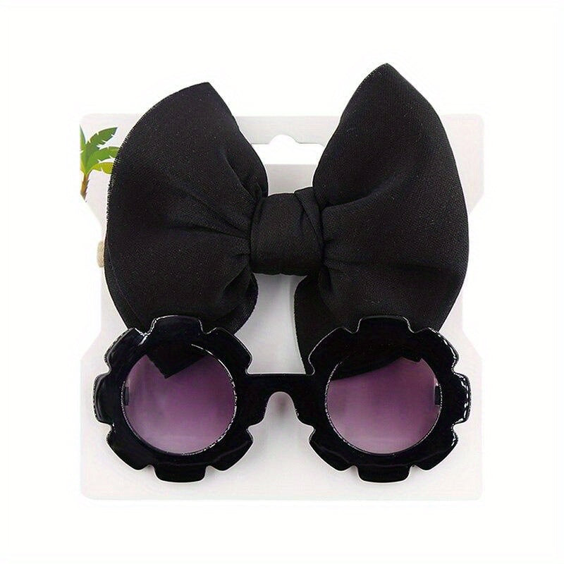 Cute Outdoor Beach Baby Girl Gift Set - 2 Pieces Butterfly Tie Hair Band & Round Flower Fashion Glasses!
