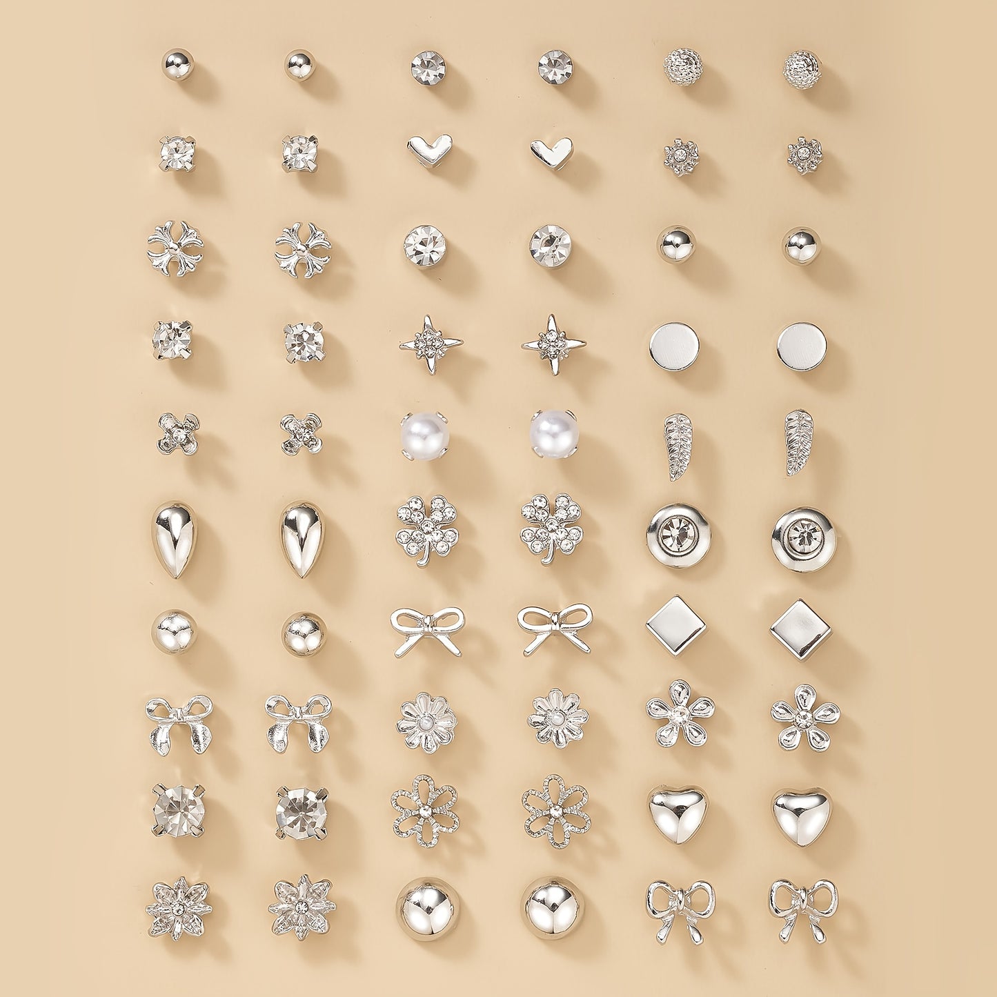[30 Pairs Stylish Silvery Pearl Earrings] A Set of 30 Pairs of Stylish And Simple Silvery Metal Water Drill Heart-Shaped Faux Pearl Earrings in Various Flower Designs, Perfect for Gifting During Holidays And Suitable for Ever