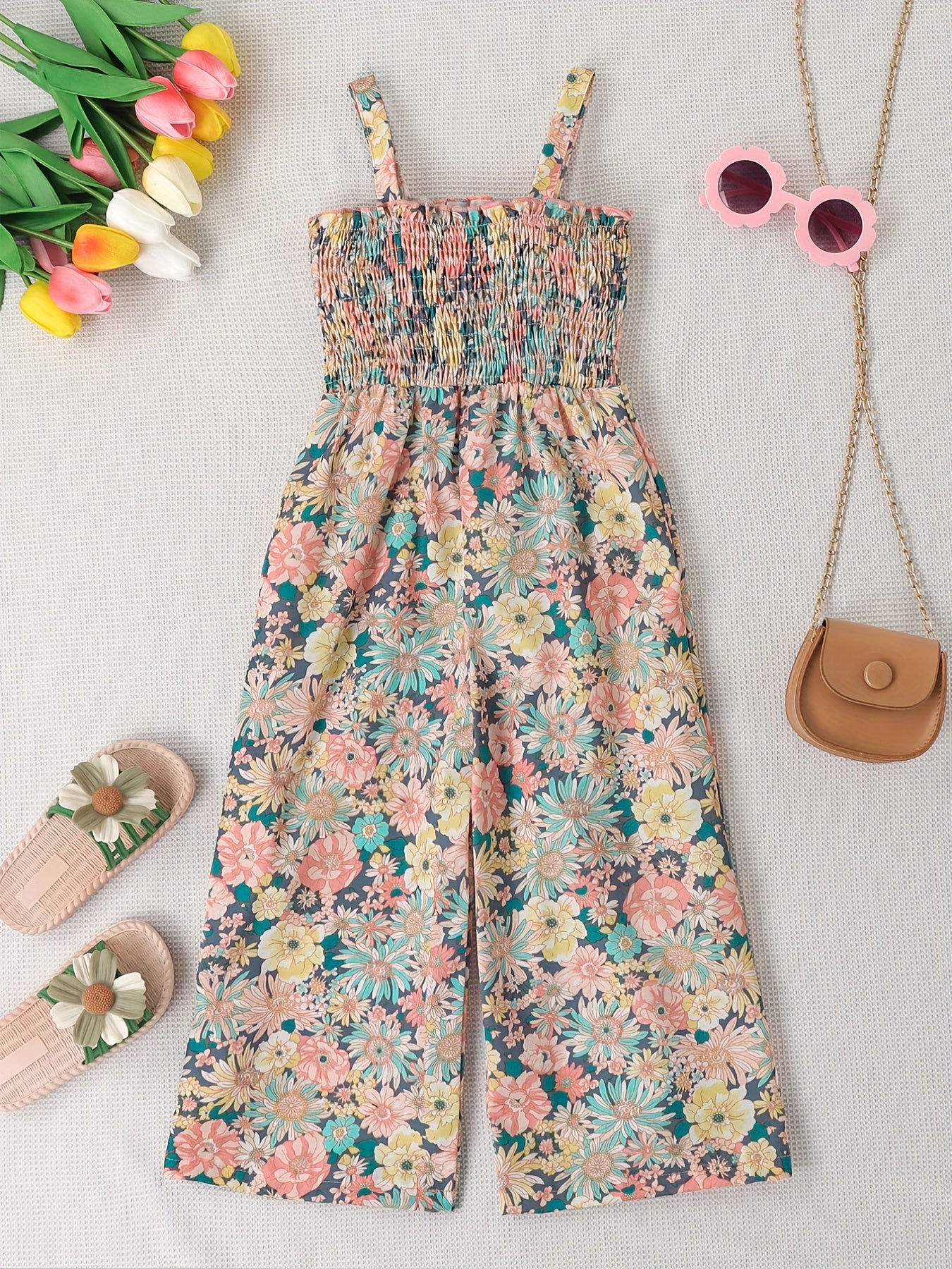 [Boho Flower Jumpsuit] Boho Flower Print Girls Shirred Cami Jumpsuit | For Going Out Party Holiday Kids Summer Clothes