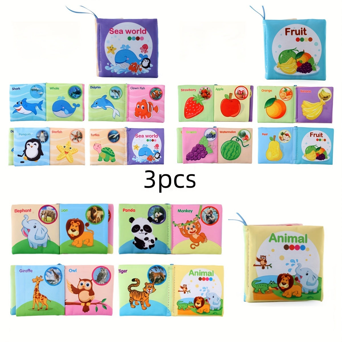 8 & 5 & 3 Soft Cloth Baby Book Sets Cognitive Cloth Books Fruit Animal Educational Toys, Early Education Cloth Books Are Tear-Resistant And Washable Cloth Books with Vivid Fruit, Animal And Ocean Themes Promote Early Learning