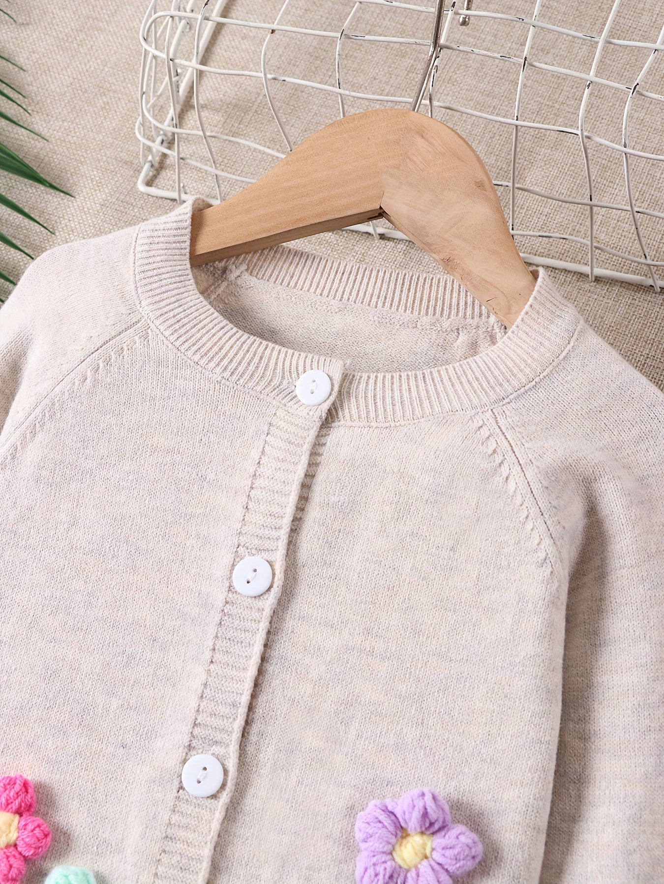 Girls' Beige Cardigan Sweater with Collar & Flower Patches - Sweet Smock Dress Style Jacket, Soft Button-Front Closure for, Parties, - Cozy Fall Winter Outerwear (Pink/Yellow/Blue/Purple) - No-Sew Applique Design