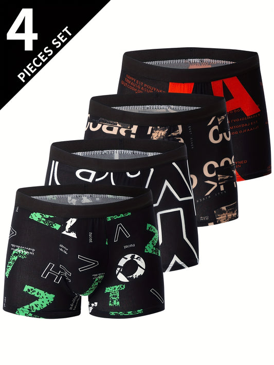 4pcs Flower Pattern Men's Underwear Boxers, Casual Boxer Briefs Shorts, Breathable Comfy Stretchy Boxer Sports Shorts