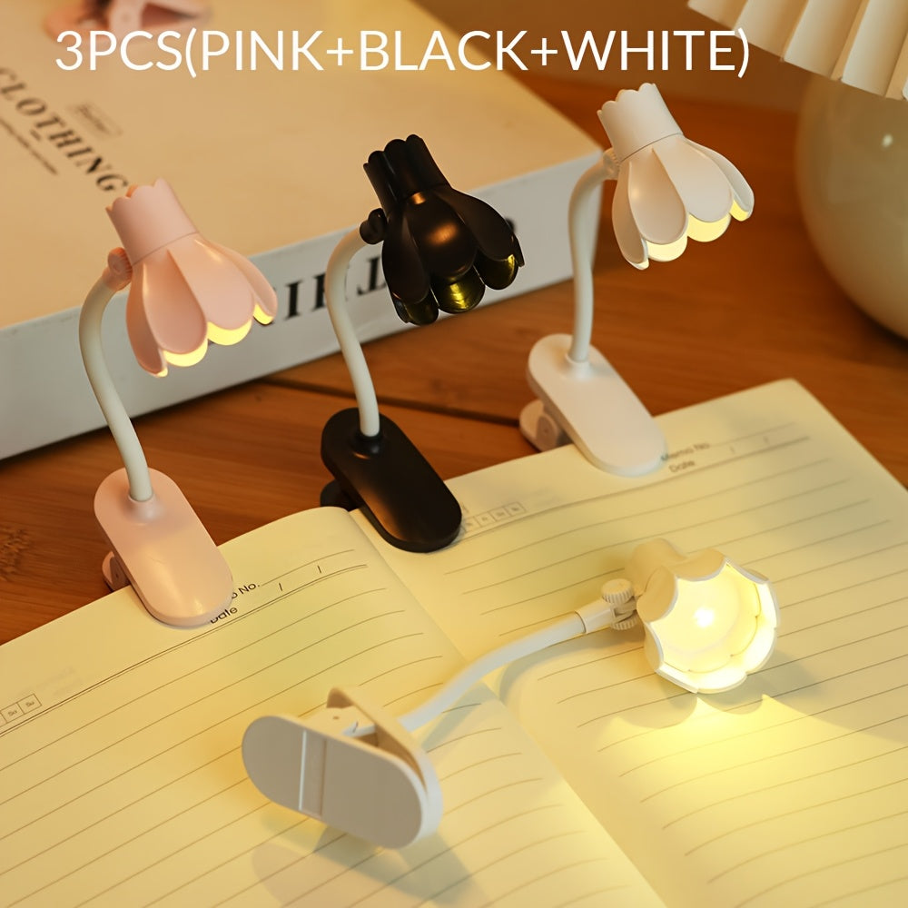 1/2/3pcs MINI Arm Adjustable LED Horn Flower Book Light - Battery-Powered Desk Lamp with Pink & White Design, Perfect for Reading at night, or Desktop Decoration, Portable reading Lighting, Desk Lamps for Home Office,mini boo
