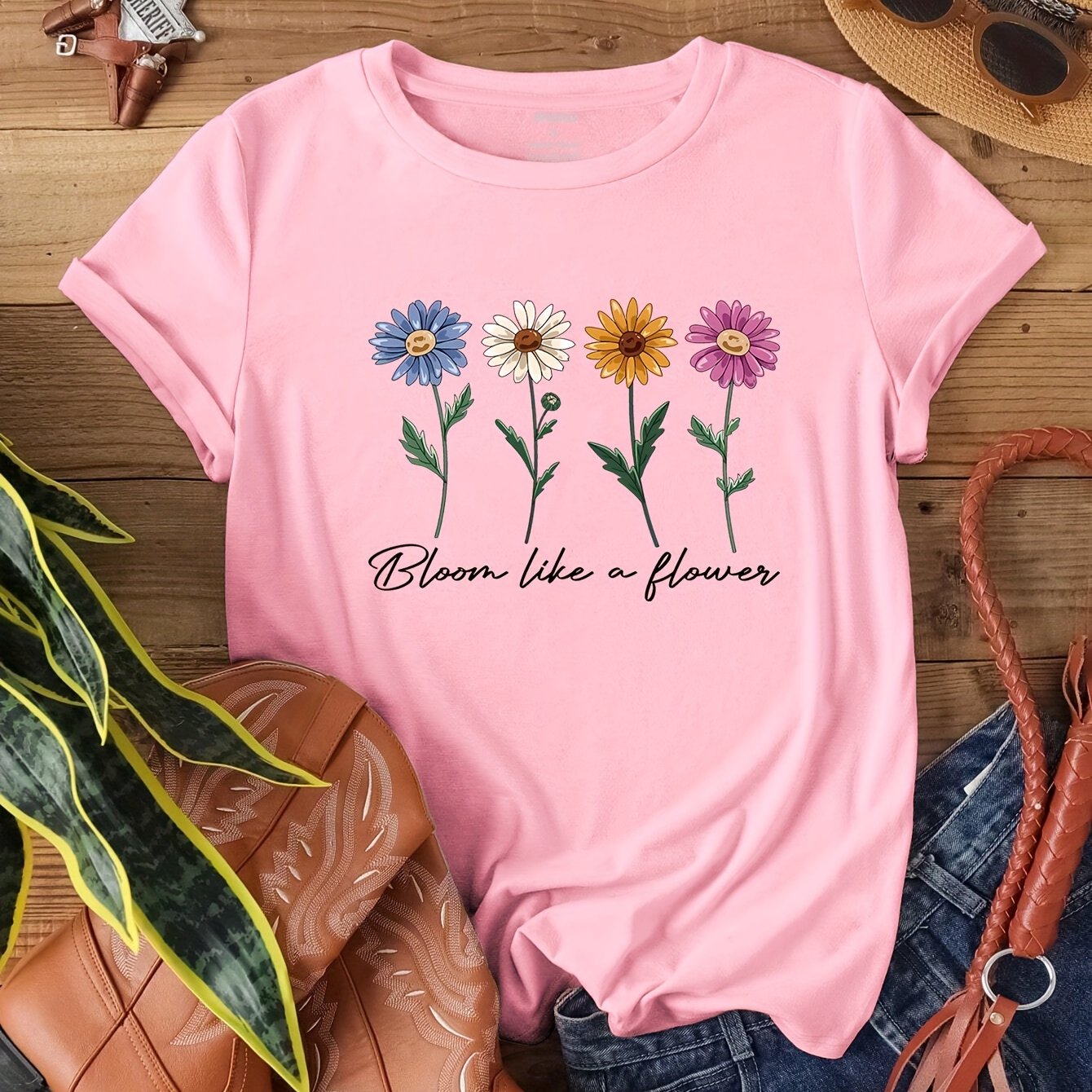 Cute Flower & Letter Print Casual T-shirt, Crew Neck Short Sleeve Top For Spring & Summer, Women's Clothing
