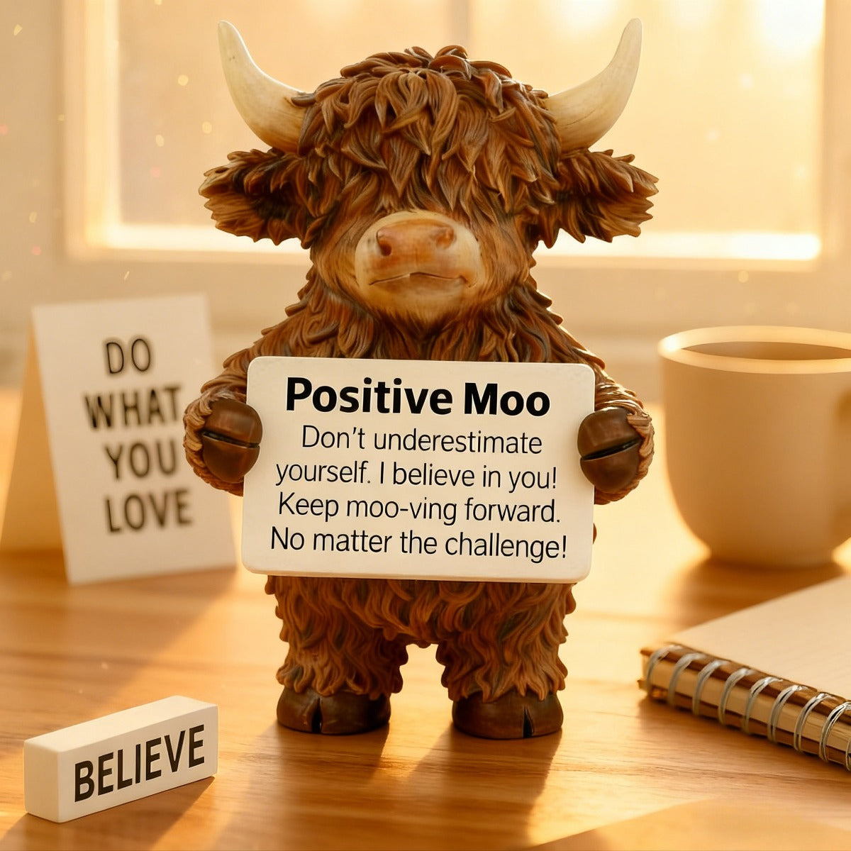 1pc Positive Highland Cow Resin Statue | Home Decor for Living Room, Bedroom, Office, Bookshelf, Tabletop Decor, Motivational Gift for Women, Moms, Friends, Students, Art Deco Style, Resin Material