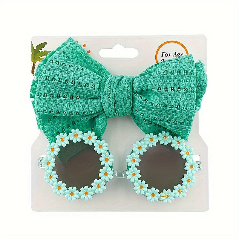 Cute Outdoor Beach Baby Girl Gift Set - 2 Pieces Butterfly Tie Hair Band & Round Flower Fashion Glasses!