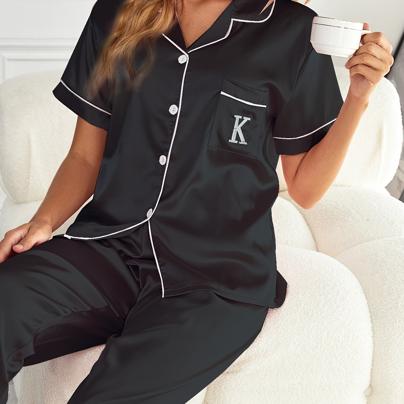 Valentine's Day Satin Pajamas Set - Soft, Lightweight, Embroidered Button-Up Blouse Top and Elastic Waistband Pajama Pants for Women's Loungewear and Sleepwear - Perfect Gift Idea for Her