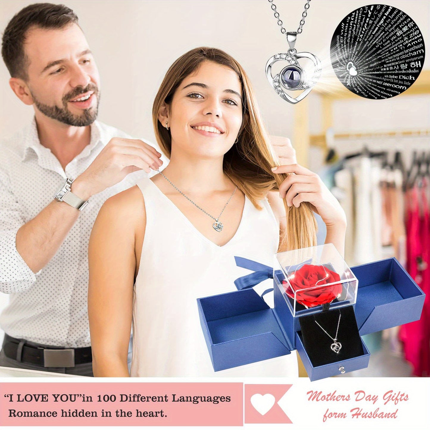 Preserved Rose Gifts for Mom Her Girlfriend Women with I Love You Necklace in 100 Languages, Mothers Day Gifts for Mom from Daughter Son on Birthday Anniversary Christmas