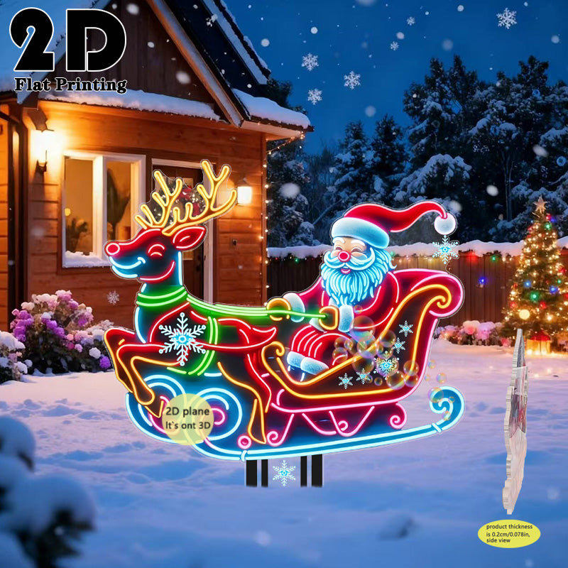 2D Flat, 1pc Neon-Lit Self-Lit Santa & Reindeer Sleigh Garden Stake - Glowing Outdoor/ Christmas Yard Decoration with Plug-Free, Durable Plastic Lawn Sign for Ground, Flower Beds, Parties (Easy Install, Holiday Decor), 2D Fla