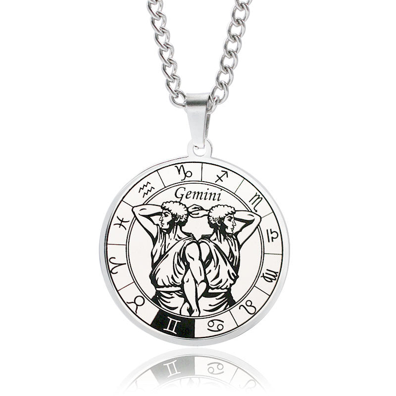 Stainless Steel Star Zodiac Necklace 12 Constellation Coin Pendant Necklace For Men Jewelry Gift For Birthday Anniversary
