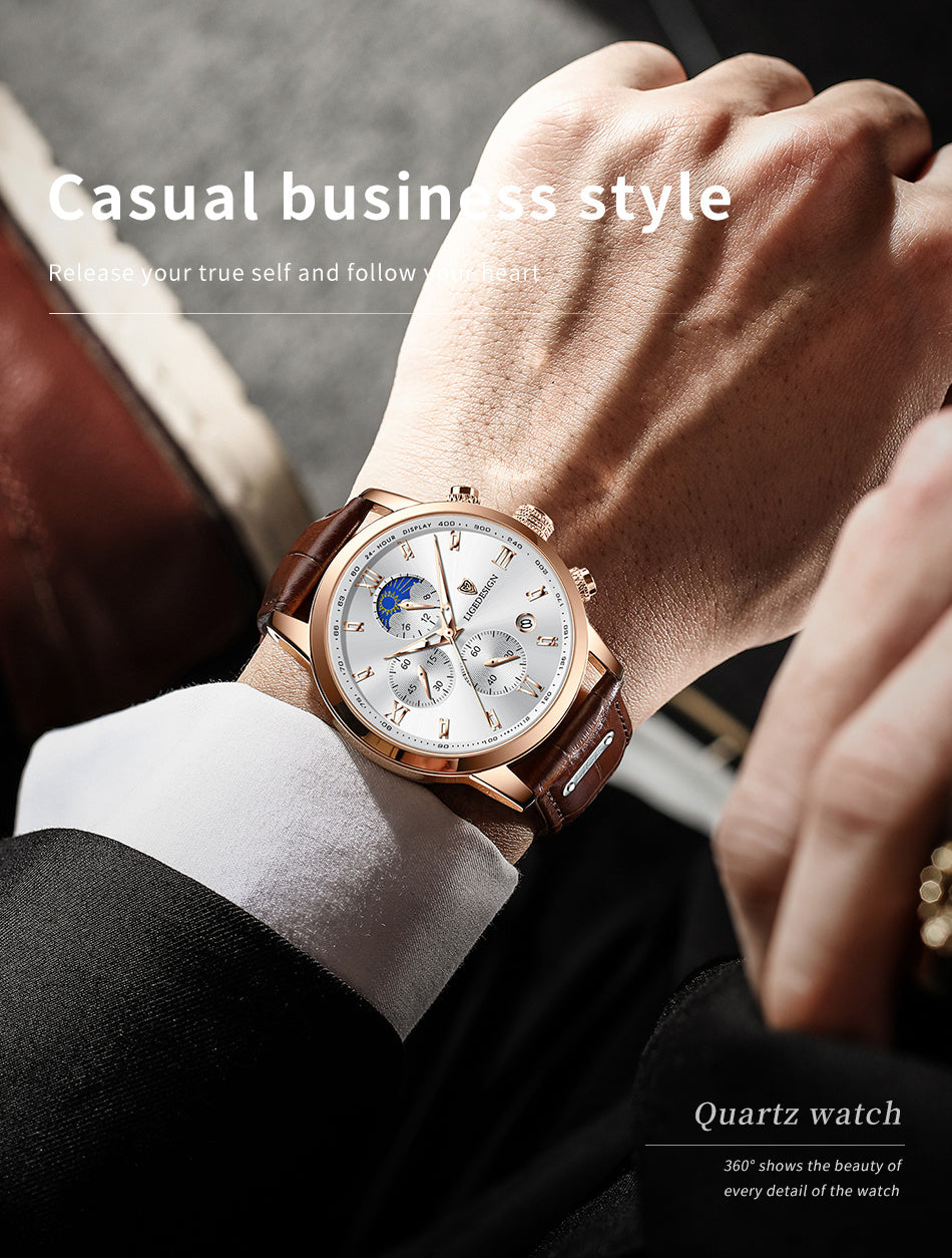 LIGE Men'S Quartz Watch | Vintage Style | Multi-Functional Chronograph | 30m | Calendar & Moon Phase | High-Quality Strap | Zinc Alloy Case, Electronic Drive | Non-rechargeable Button Battery | Luxury Business Watch, Business