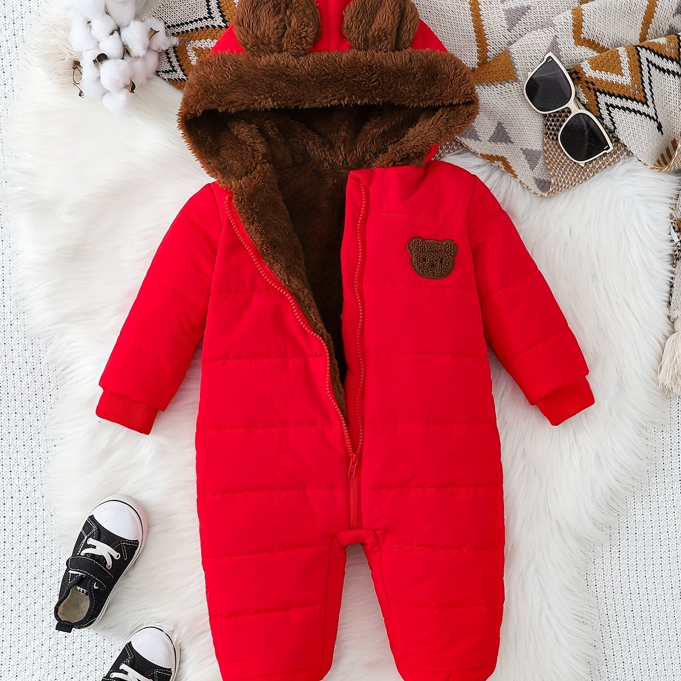 Baby Boy Winter Jumpsuit, Soft Plush Onesie with Hood, Warm Outfit Easy Diaper Change Loose Fit, Newborn Clothing for Infant & Toddler, Perfect for Cold Weather Outdoor & Photoshoots