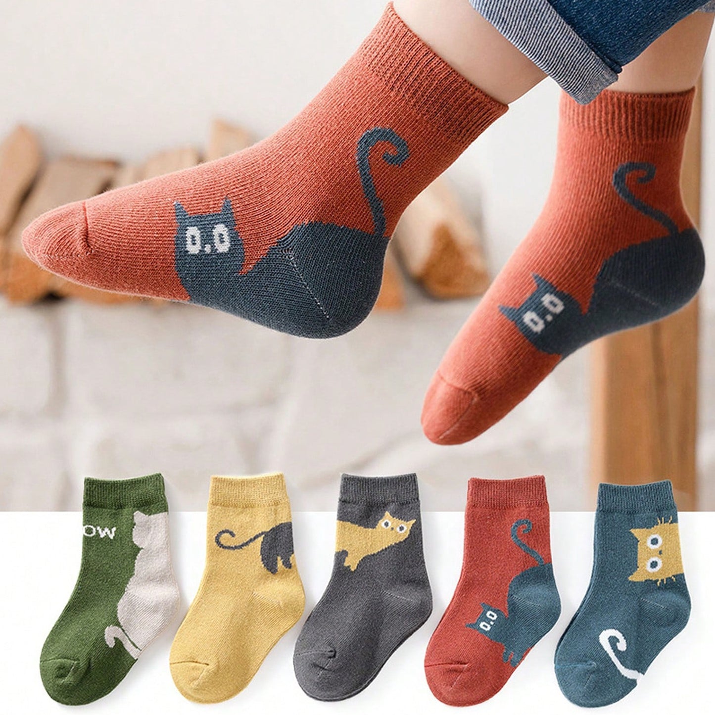 5 Pairs of Four Seasons Baby Socks Spring And Autumn Cartoon Kitten Winter Medium Tube Socks Boys Girls Socks