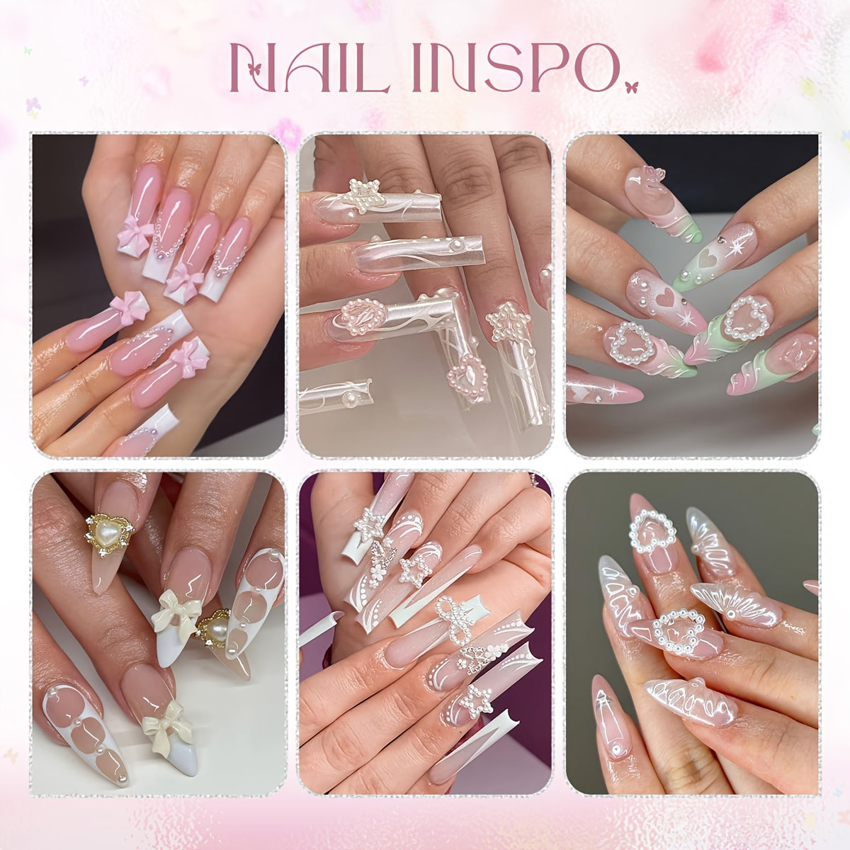 [Cute Nail Jewels] 3D Cute Nail Jewels Set 3 - White&Pink Nail Bows + Assorted Pearl Heart Star Moon Bowknot + 3D Flower Charms and Nail Pearls