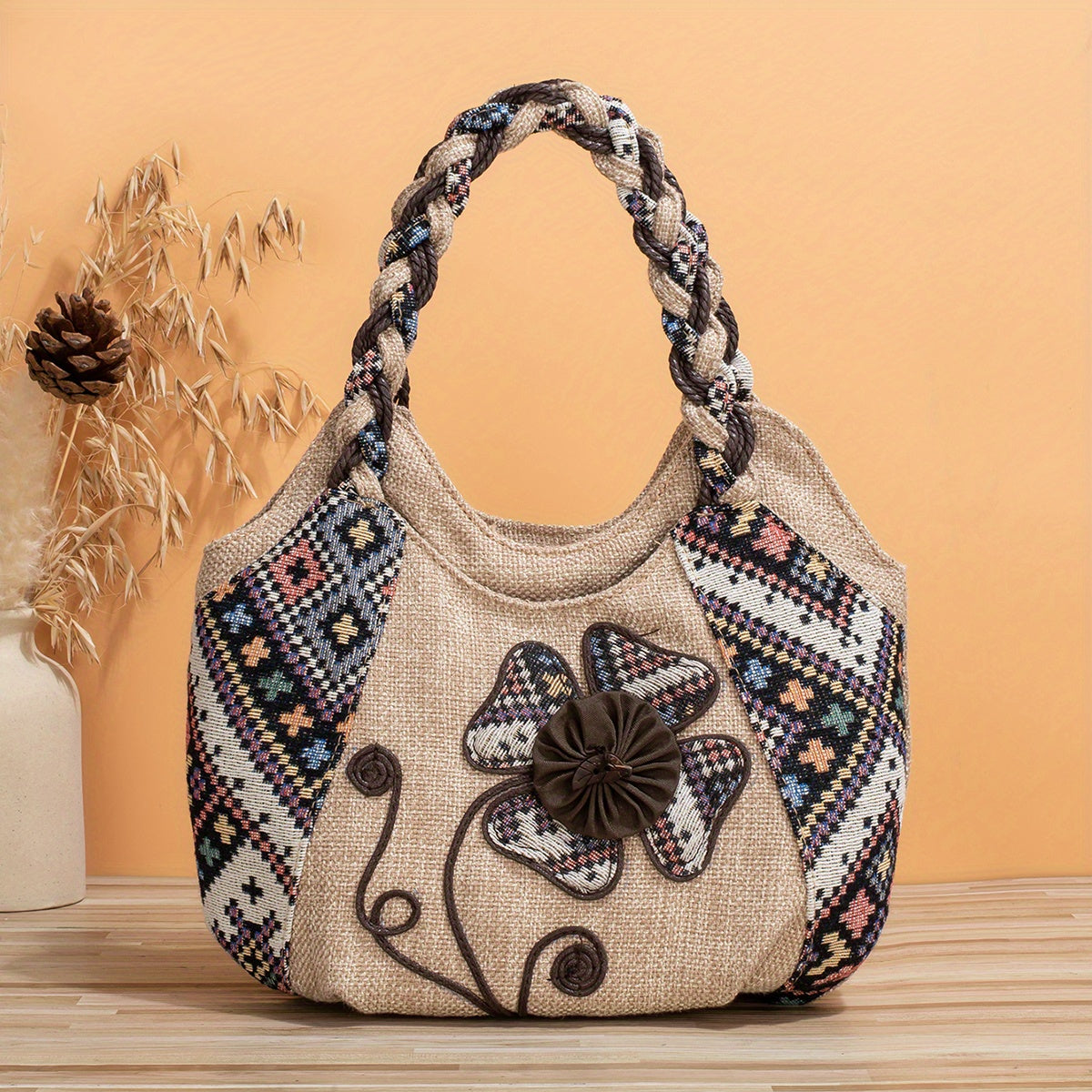 Foldable Zipper Closure Bohemian Style Handmade Flower Tote Bag - Fixed Shoulder Strap, with Wristlet, for Vacation