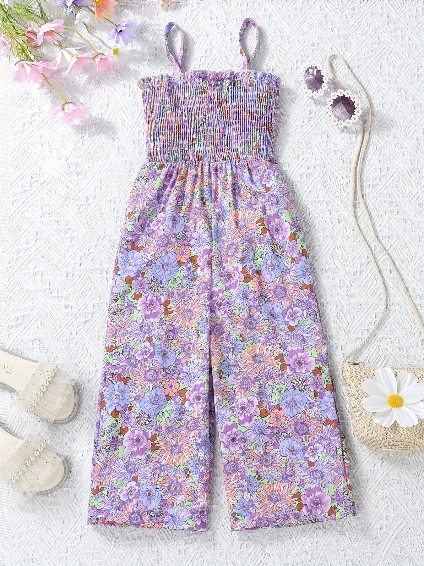 [Boho Flower Jumpsuit] Boho Flower Print Girls Shirred Cami Jumpsuit | For Going Out Party Holiday Kids Summer Clothes