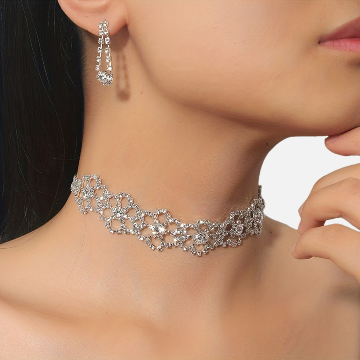 Luxurious Rhinestone & Faux Crystal Flower Jewelry Set - Elegant Claw Chain Necklace and Matching Stud Earrings, Copper Crafted for Daily Wear, Vintage Jewelry